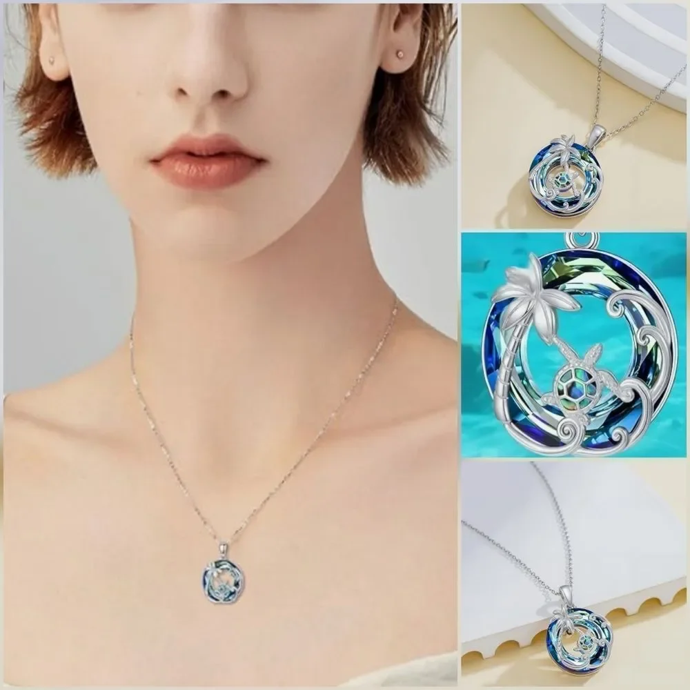 📷💬🩵⏭️NIB Blue Crystal Sterling Silver Sea Turtle Tropical Pendant Necklace